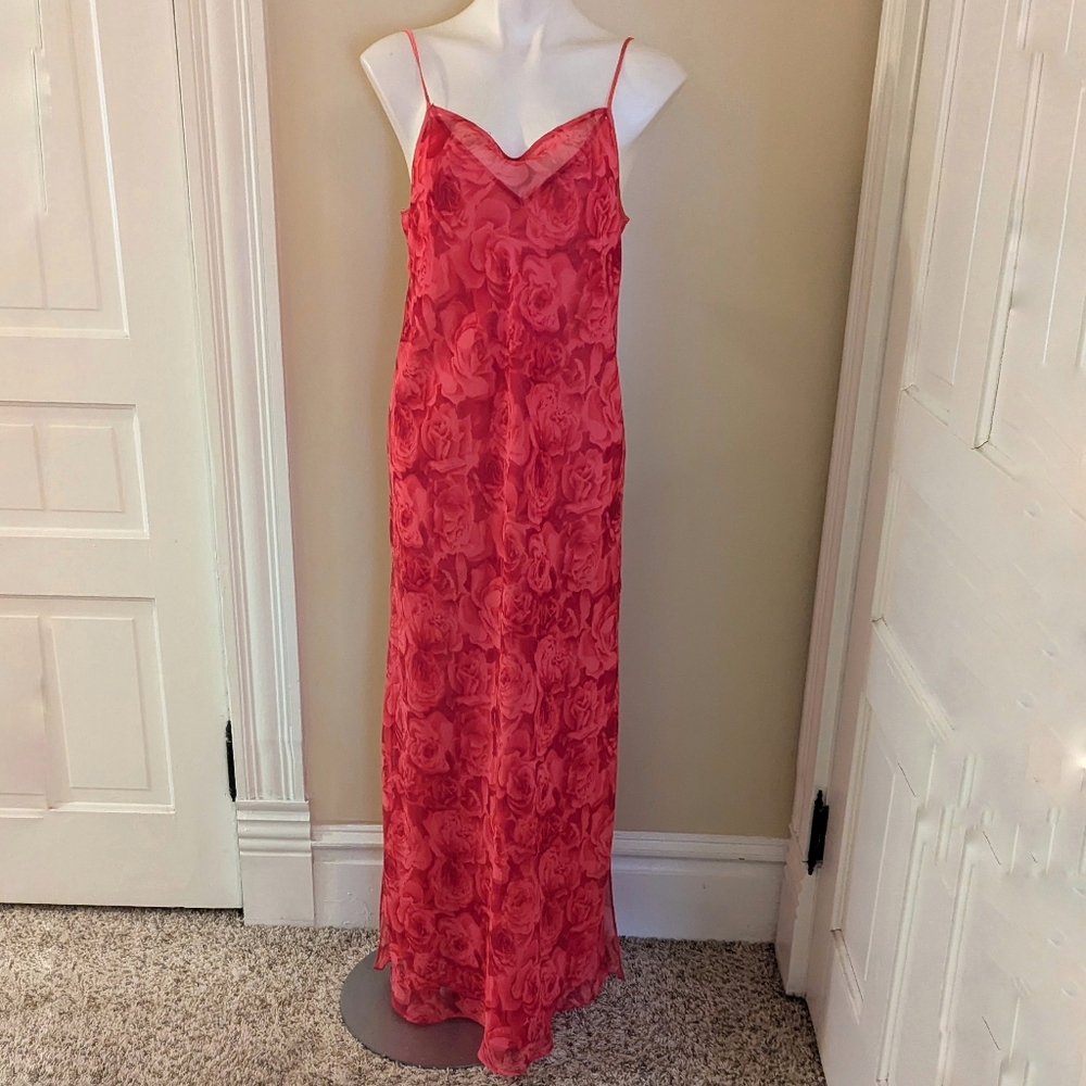 Vintage Valerie Stevens red rose print spaghetti strap maxi dress size L